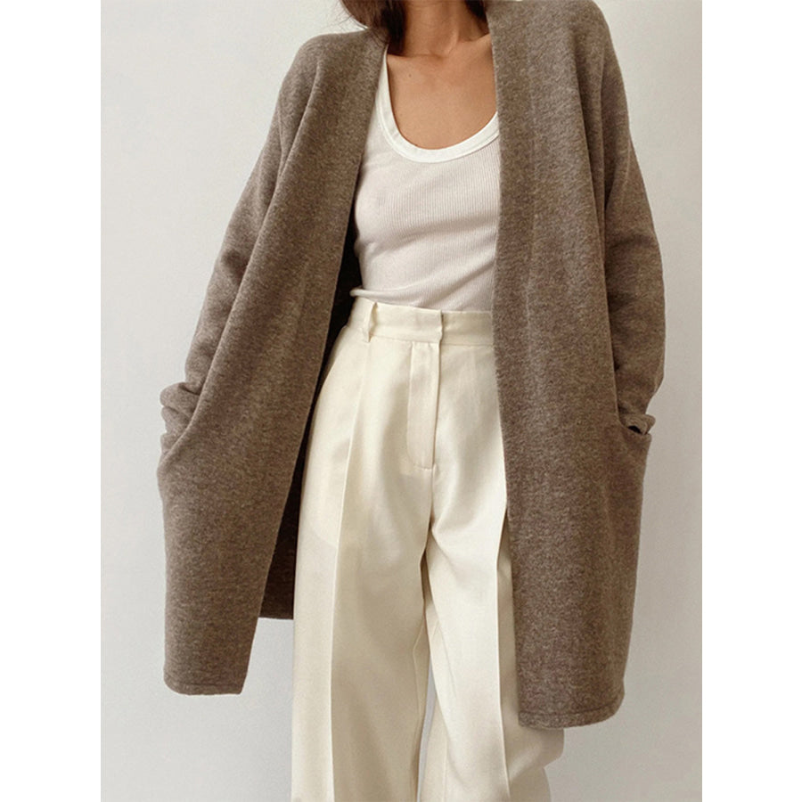 Open Front Long Sleeve Cardigan with Pockets Taupe / S Apparel and Accessories