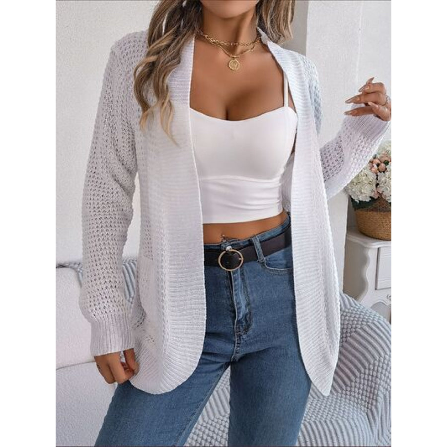 Open Front Long Sleeve Cardigan with Pockets White / S Clothing