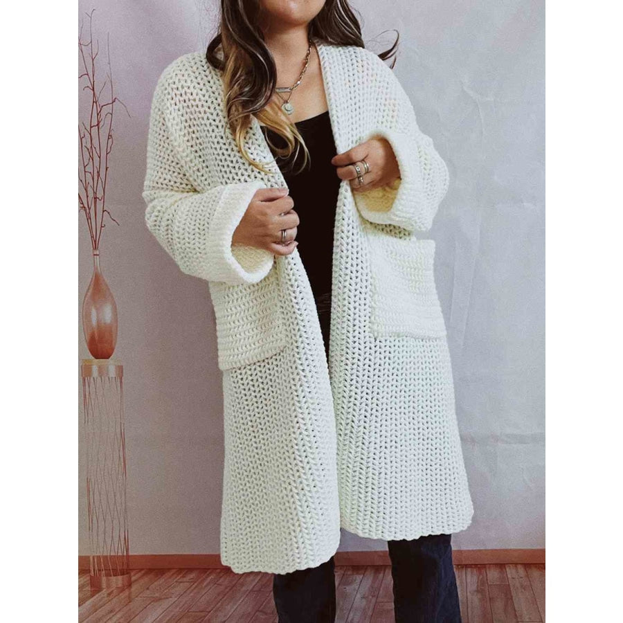 Open Front Long Sleeve Cardigan with Pockets White / S