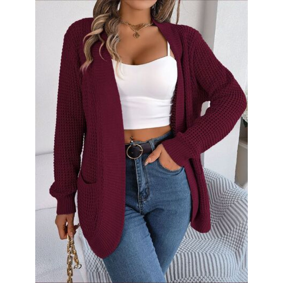 Open Front Long Sleeve Cardigan with Pockets Wine / S Clothing