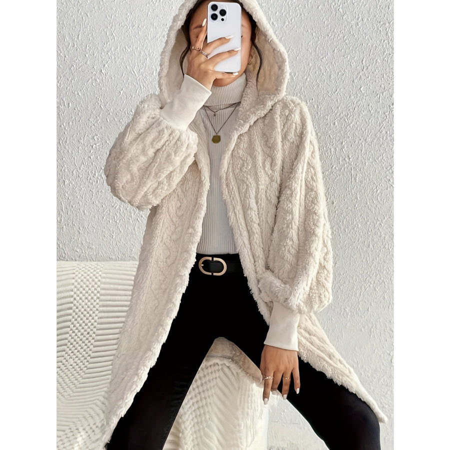 Open Front Long Sleeve Fuzzy Hooded Jacket Apparel and Accessories