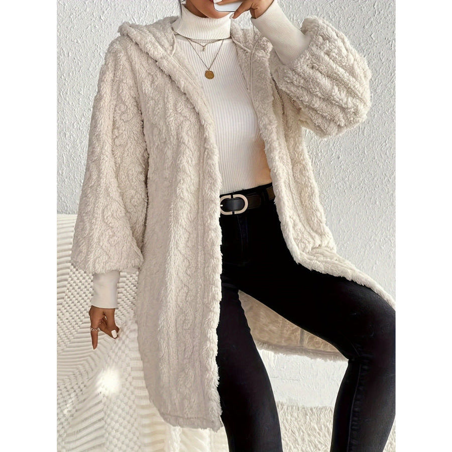 Open Front Long Sleeve Fuzzy Hooded Jacket Apparel and Accessories