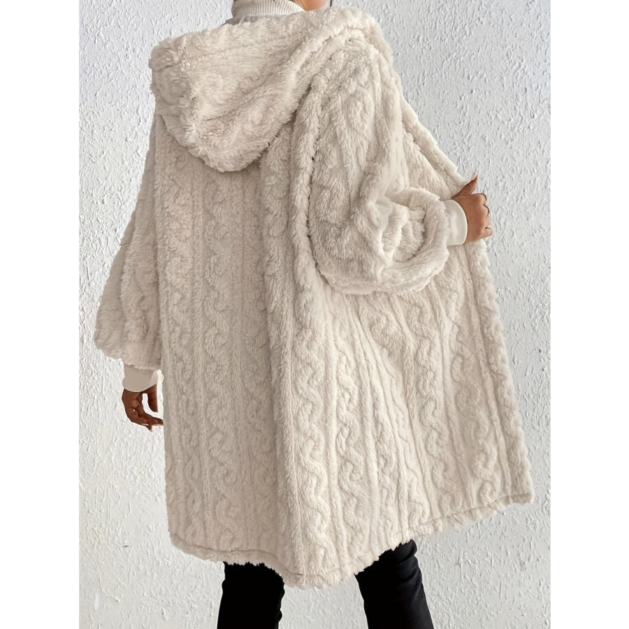 Open Front Long Sleeve Fuzzy Hooded Jacket Beige / S Apparel and Accessories