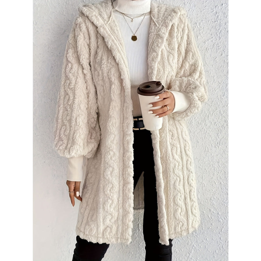 Open Front Long Sleeve Fuzzy Hooded Jacket Beige / S Apparel and Accessories