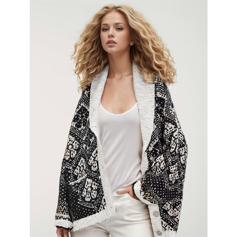 Open Front Long Sleeve Graphic Cardigan Black / One Size Apparel and Accessories