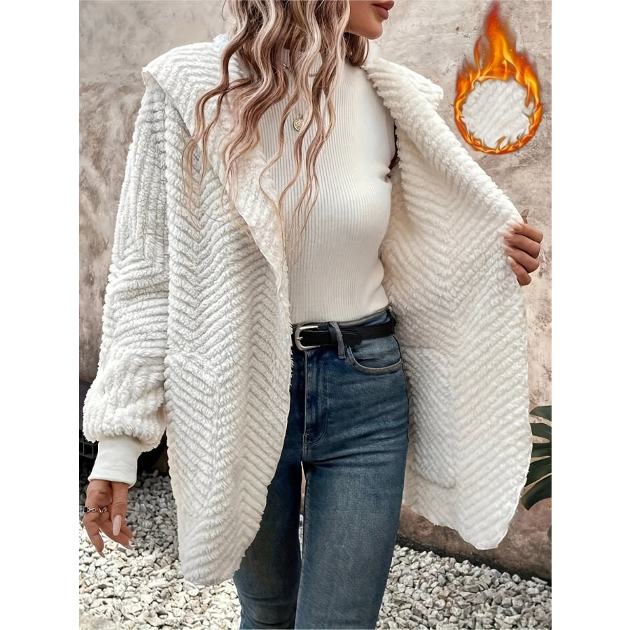 Open Front Long Sleeve Hooded Fuzzy Cardigan Ivory / S Apparel and Accessories