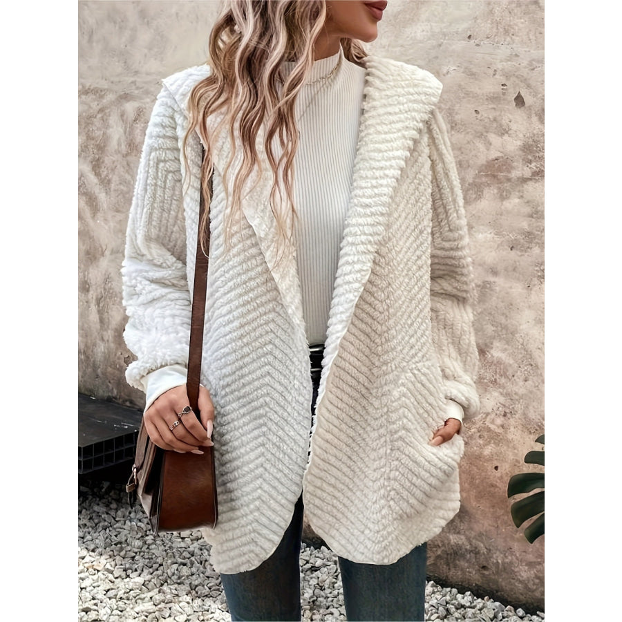 Open Front Long Sleeve Hooded Fuzzy Cardigan Ivory / S Apparel and Accessories