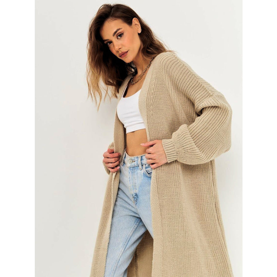 Open Front Long Sleeve Longline Cardigan Tan / One Size Apparel and Accessories