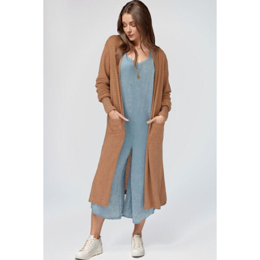 Open Front Long Sleeve Longline Slit Cardigan Camel / S Clothing