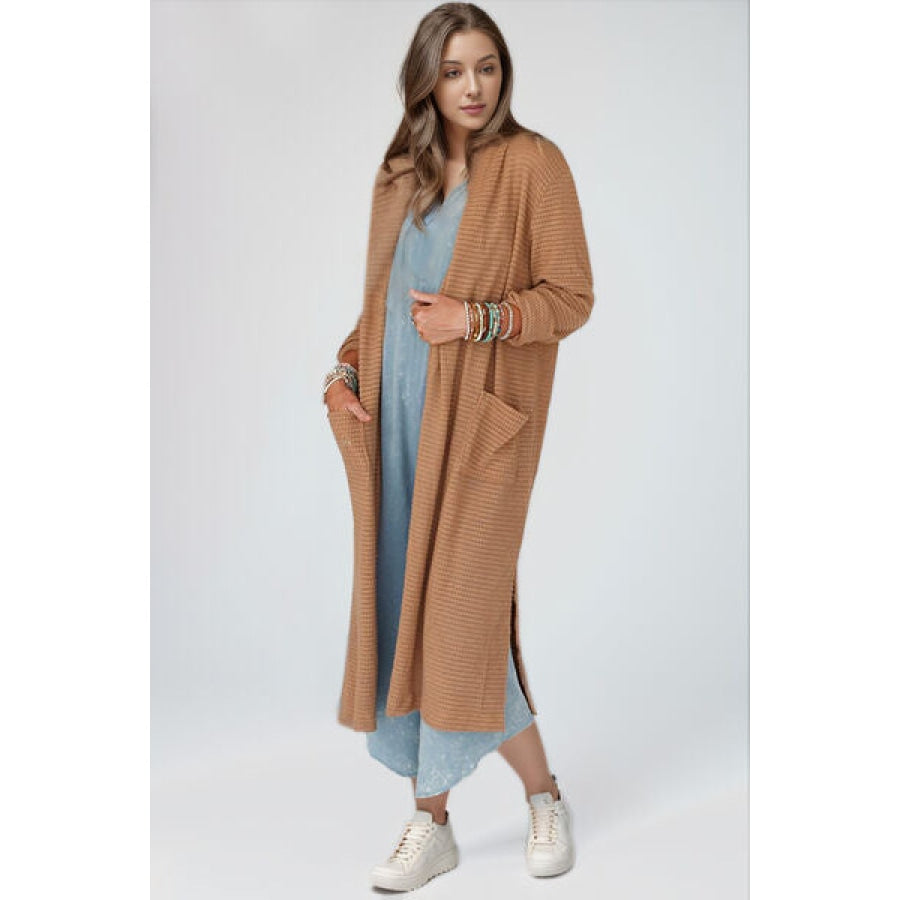 Open Front Long Sleeve Longline Slit Cardigan Clothing