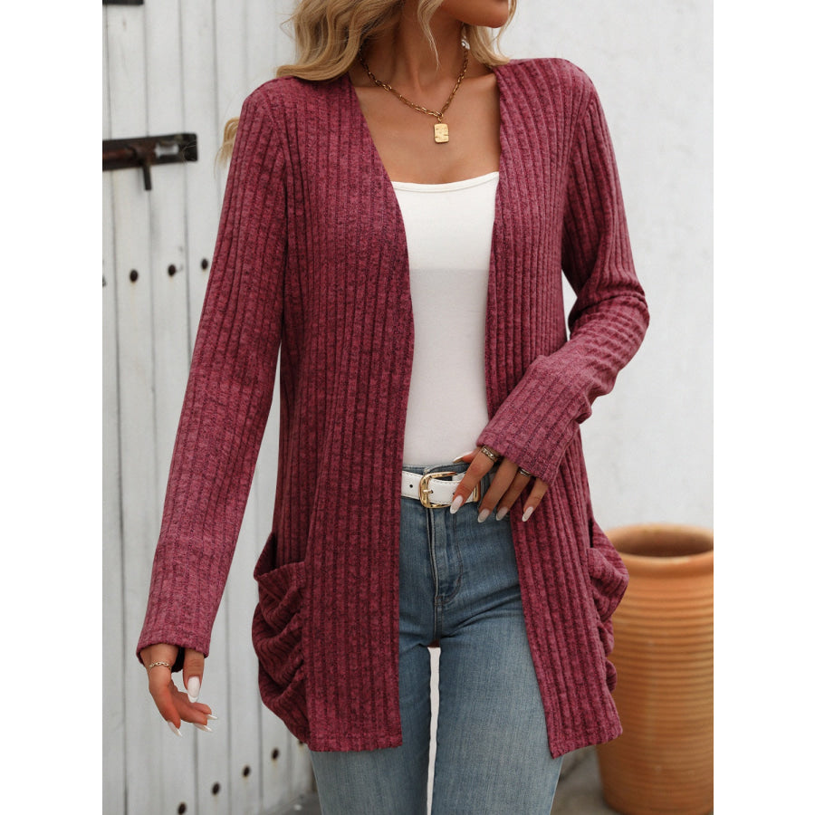 Open Front Long Sleeve Ribbed Cardigan Apparel and Accessories