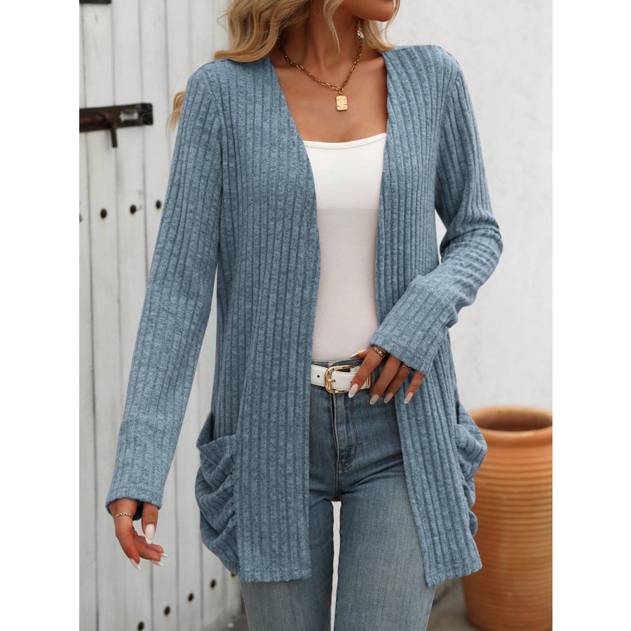 Open Front Long Sleeve Ribbed Cardigan Apparel and Accessories