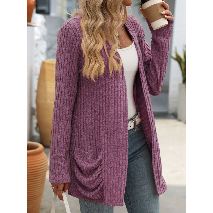 Open Front Long Sleeve Ribbed Cardigan Apparel and Accessories