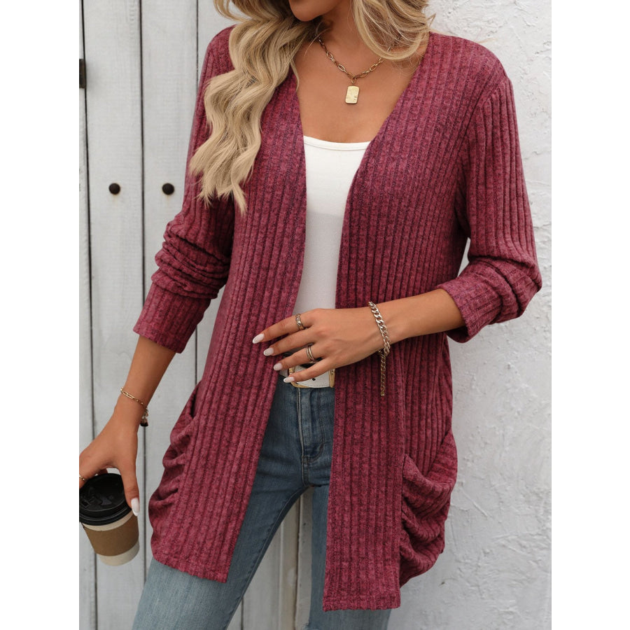 Open Front Long Sleeve Ribbed Cardigan Apparel and Accessories