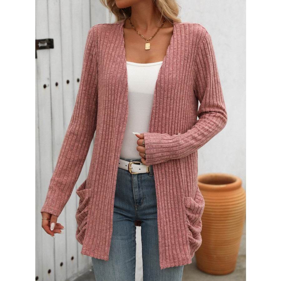 Open Front Long Sleeve Ribbed Cardigan Apparel and Accessories