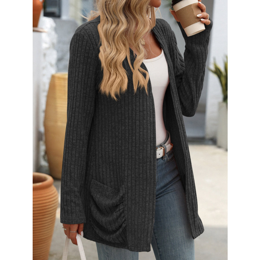 Open Front Long Sleeve Ribbed Cardigan Apparel and Accessories