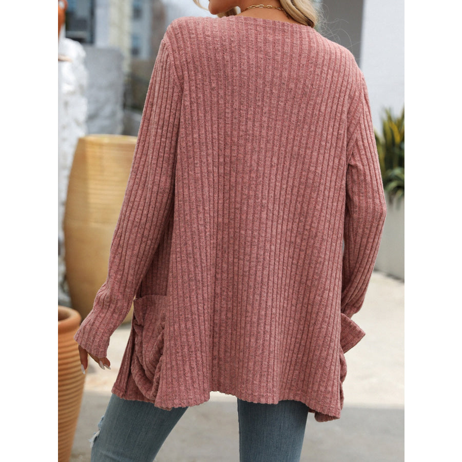 Open Front Long Sleeve Ribbed Cardigan Dusty Pink / S Apparel and Accessories