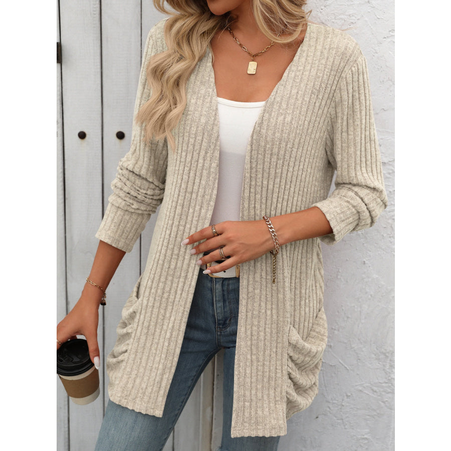 Open Front Long Sleeve Ribbed Cardigan Apparel and Accessories