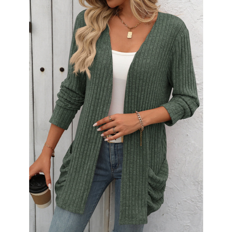 Open Front Long Sleeve Ribbed Cardigan Apparel and Accessories