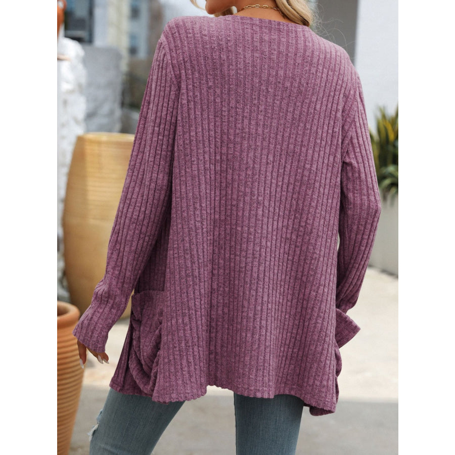 Open Front Long Sleeve Ribbed Cardigan Apparel and Accessories