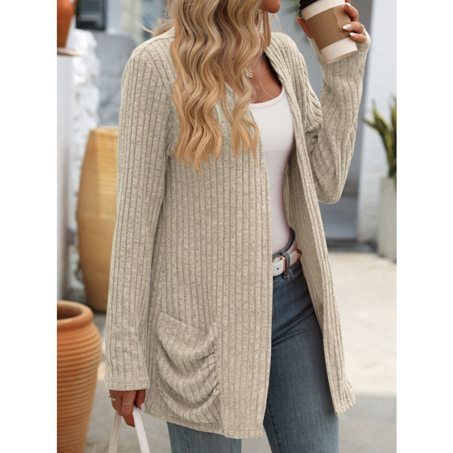 Open Front Long Sleeve Ribbed Cardigan Apparel and Accessories