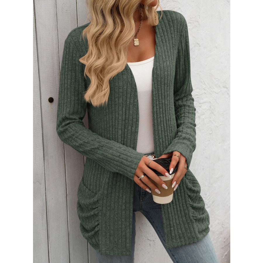 Open Front Long Sleeve Ribbed Cardigan Army Green / S Apparel and Accessories