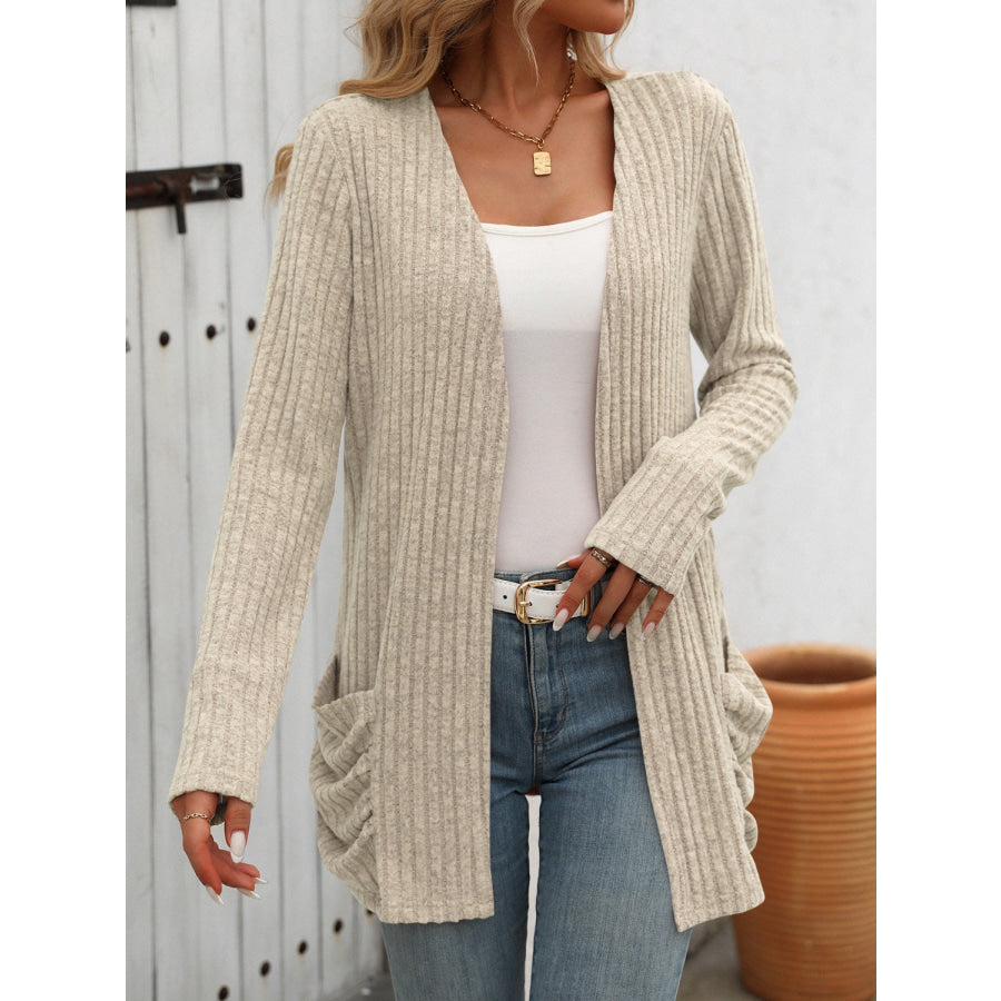 Open Front Long Sleeve Ribbed Cardigan Beige / S Apparel and Accessories