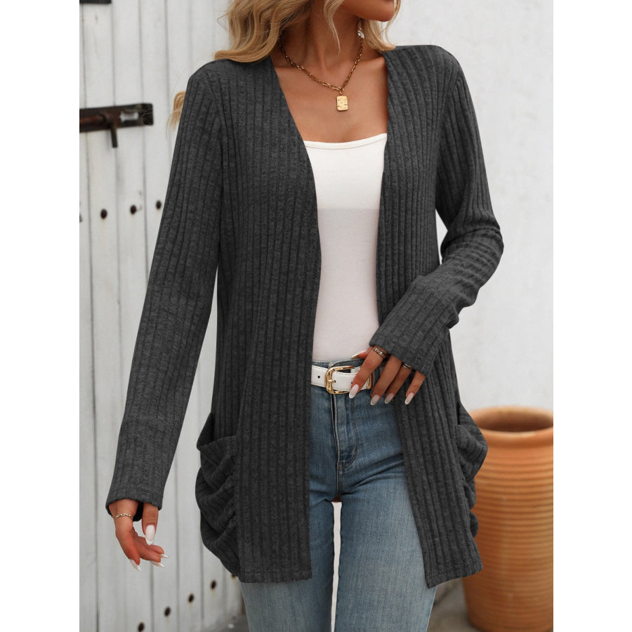 Open Front Long Sleeve Ribbed Cardigan Black / S Apparel and Accessories