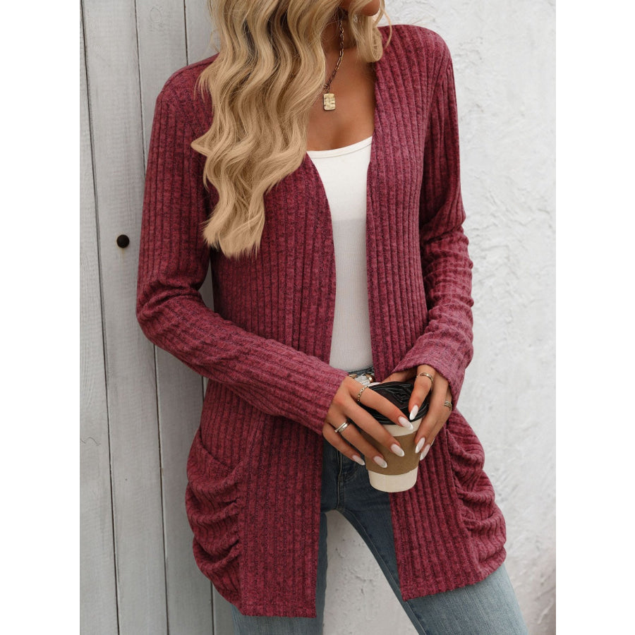 Open Front Long Sleeve Ribbed Cardigan Burgundy / S Apparel and Accessories