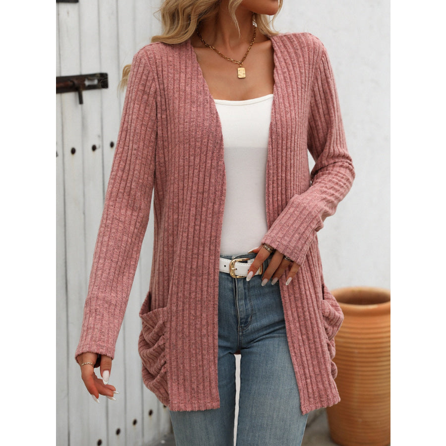 Open Front Long Sleeve Ribbed Cardigan Dusty Pink / S Apparel and Accessories