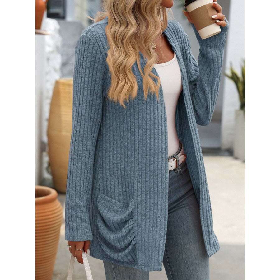 Open Front Long Sleeve Ribbed Cardigan French Blue / S Apparel and Accessories