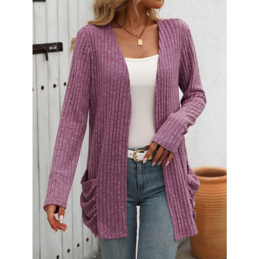 Open Front Long Sleeve Ribbed Cardigan Mauve / S Apparel and Accessories