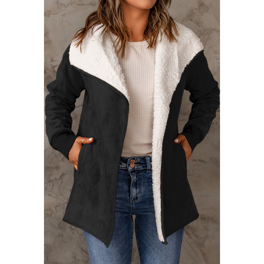 Open Front Long Sleeve Sherpa Jacket Black / S Apparel and Accessories