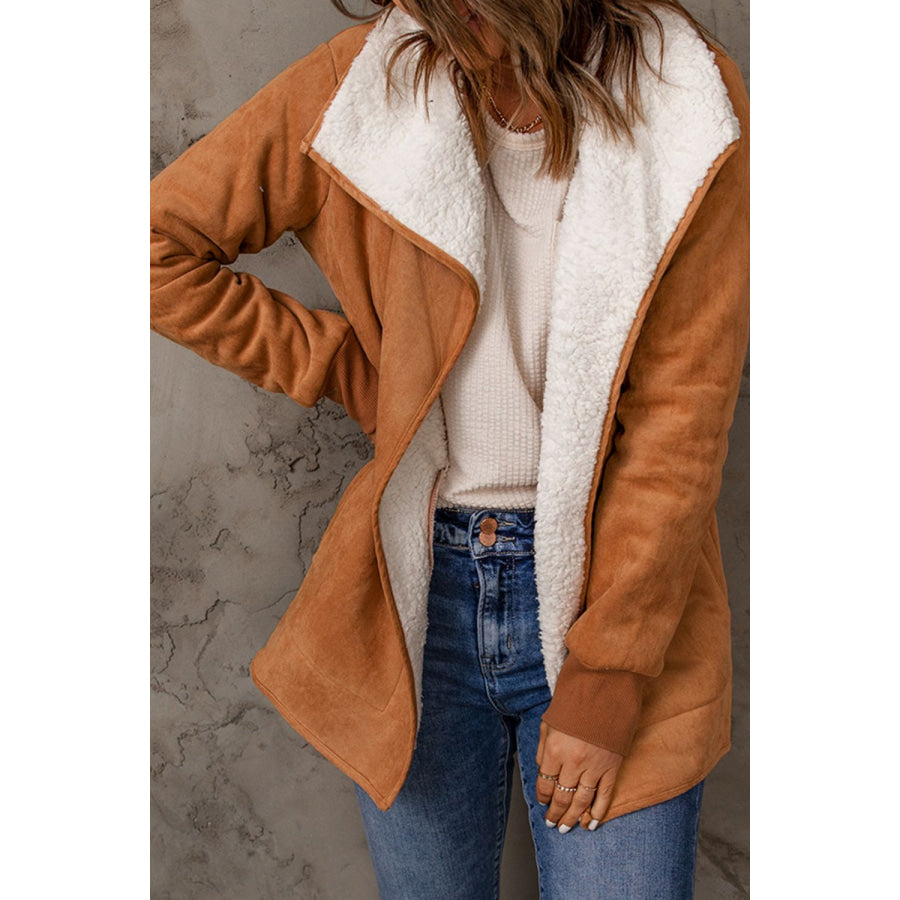 Open Front Long Sleeve Sherpa Jacket Caramel / S Apparel and Accessories