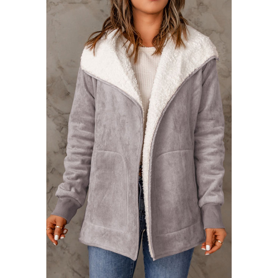 Open Front Long Sleeve Sherpa Jacket Gray / S Apparel and Accessories