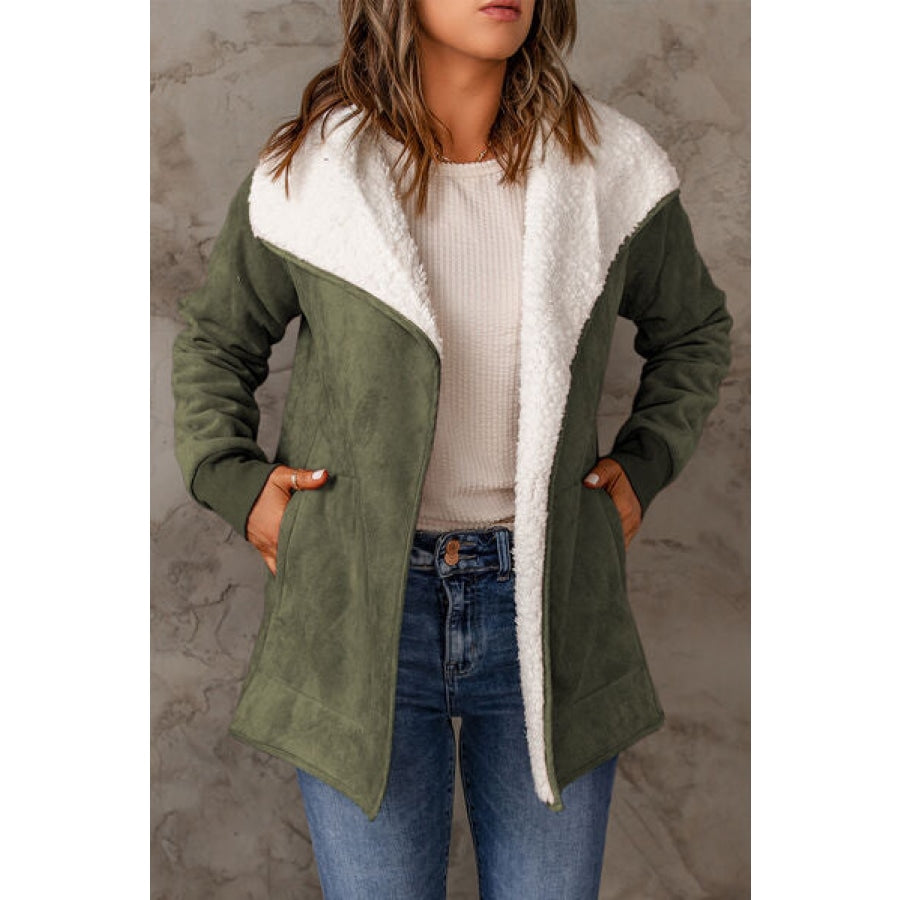 Open Front Long Sleeve Sherpa Jacket with Pockets Army Green / S Clothing