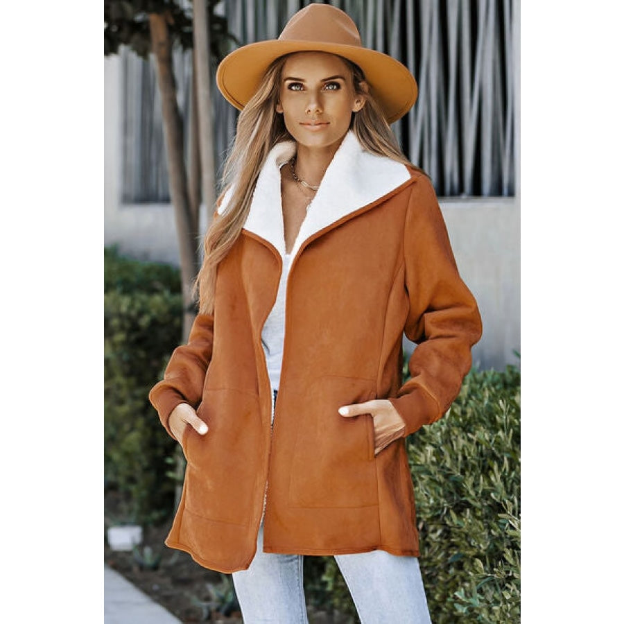 Open Front Long Sleeve Sherpa Jacket with Pockets Caramel / S Clothing