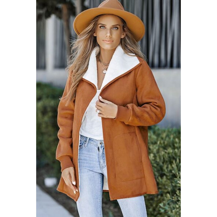 Open Front Long Sleeve Sherpa Jacket with Pockets Clothing