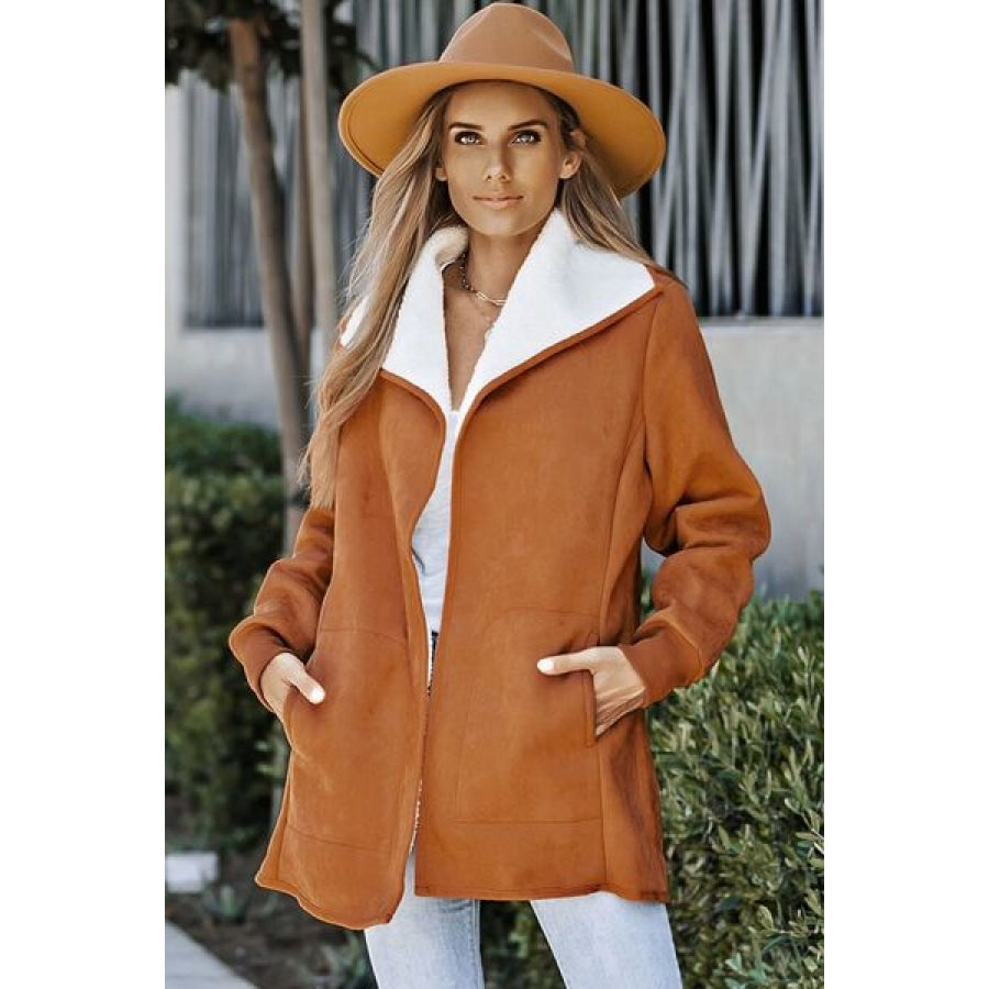 Open Front Long Sleeve Sherpa Jacket with Pockets Clothing