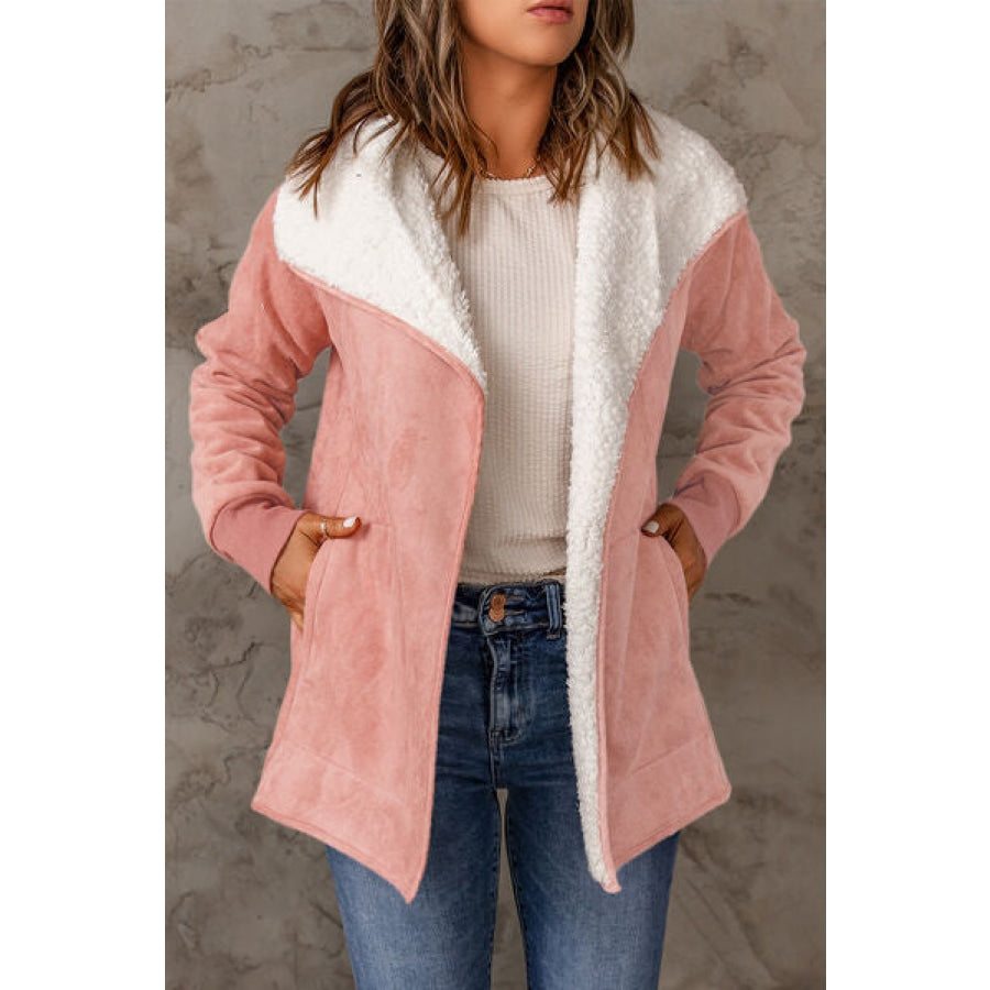 Open Front Long Sleeve Sherpa Jacket with Pockets Dusty Pink / S Clothing