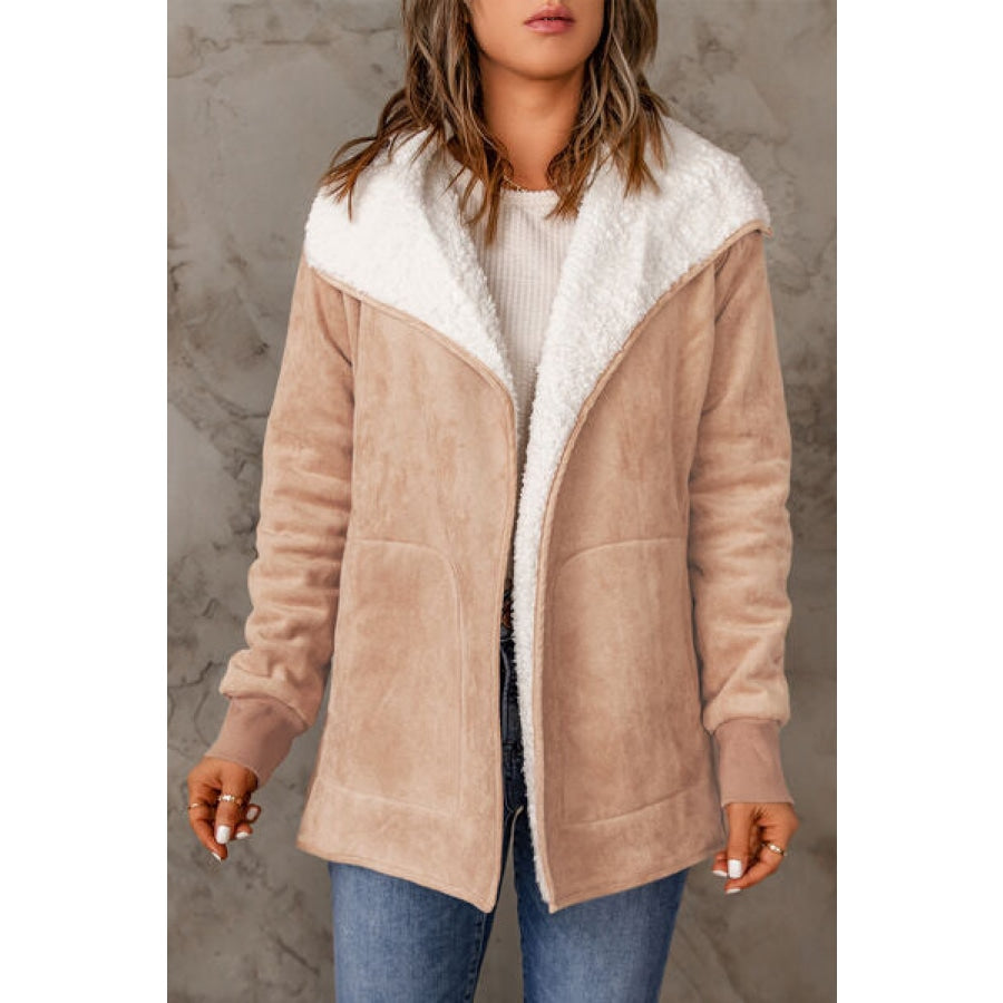 Open Front Long Sleeve Sherpa Jacket with Pockets Pale Blush / S Clothing