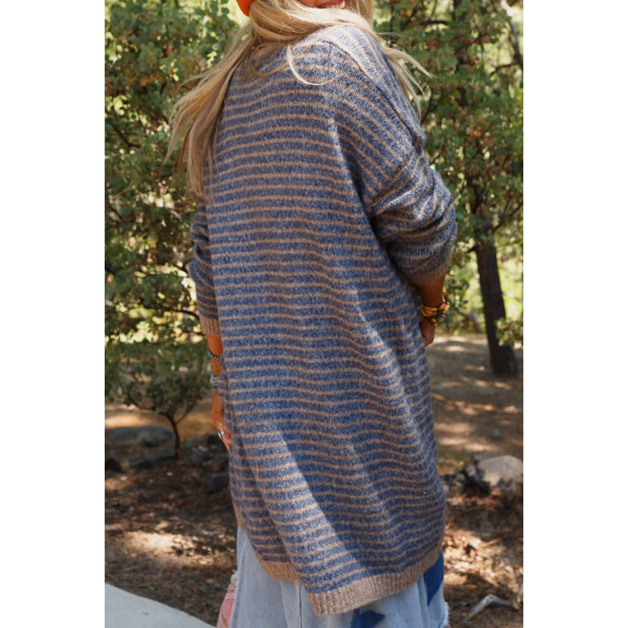 Open Front Long Sleeve Striped Cardigan Dusty Blue / S Apparel and Accessories