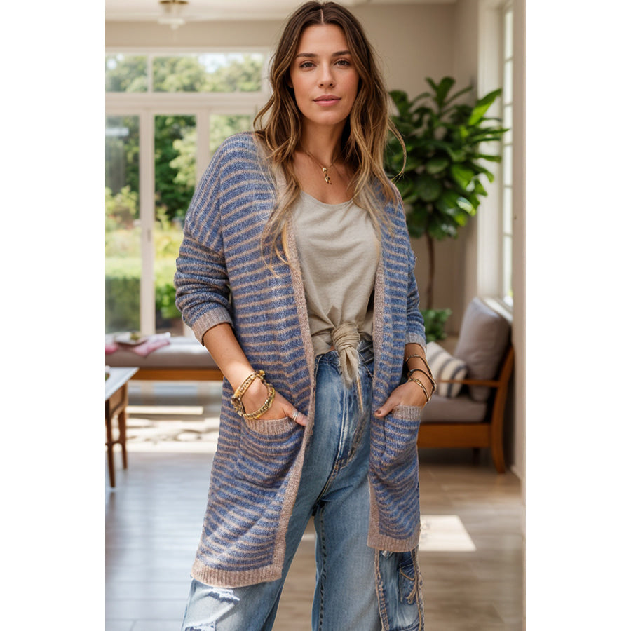 Open Front Long Sleeve Striped Cardigan Dusty Blue / S Apparel and Accessories