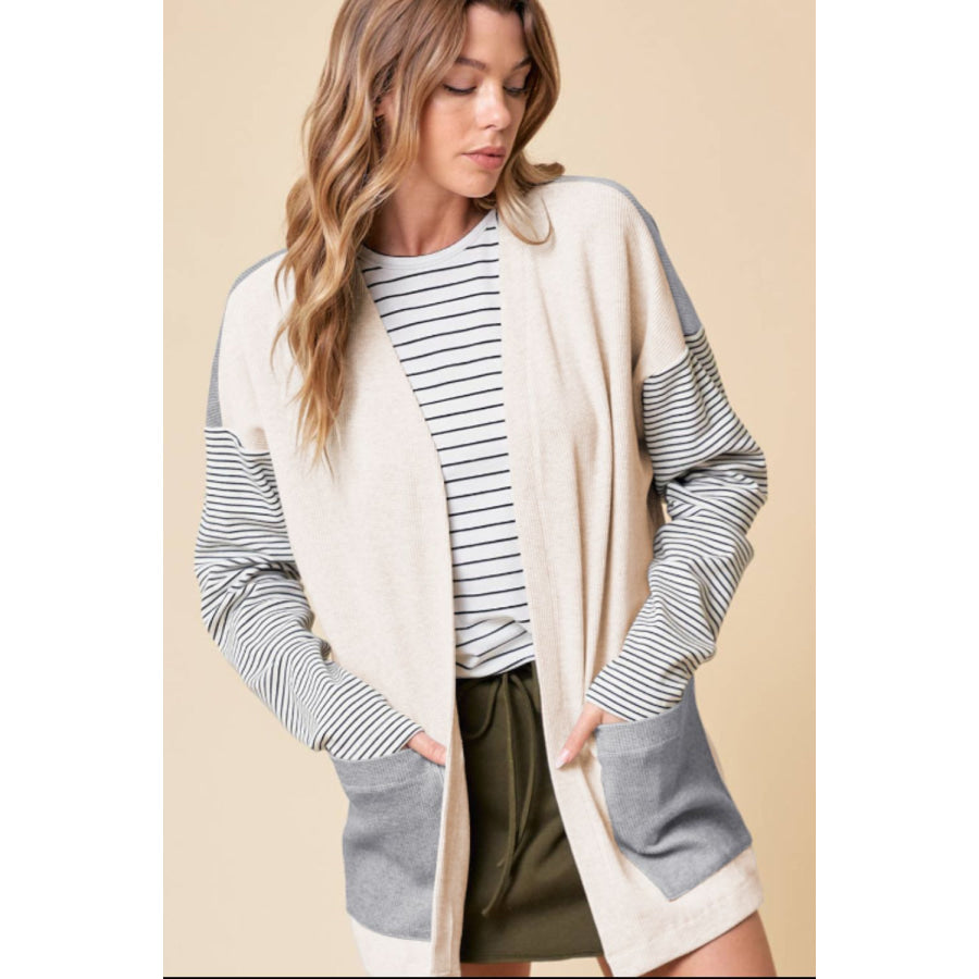 Open Front Long Sleeve Striped Cardigan with Pockets Apparel and Accessories