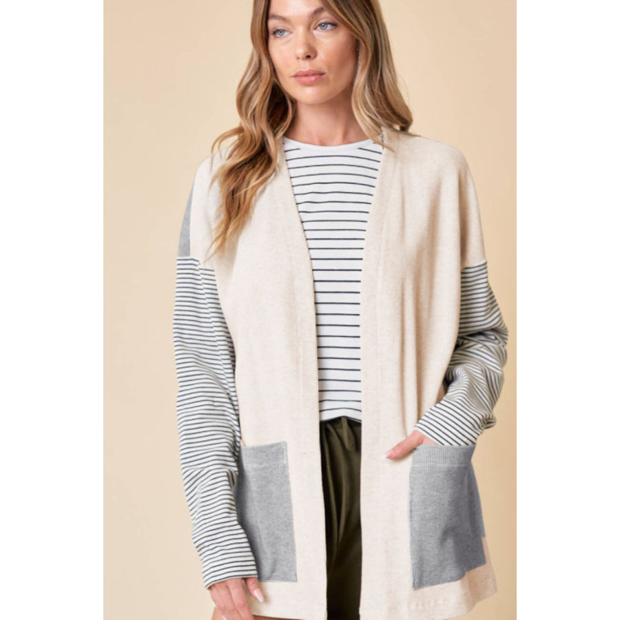 Open Front Long Sleeve Striped Cardigan with Pockets Apparel and Accessories