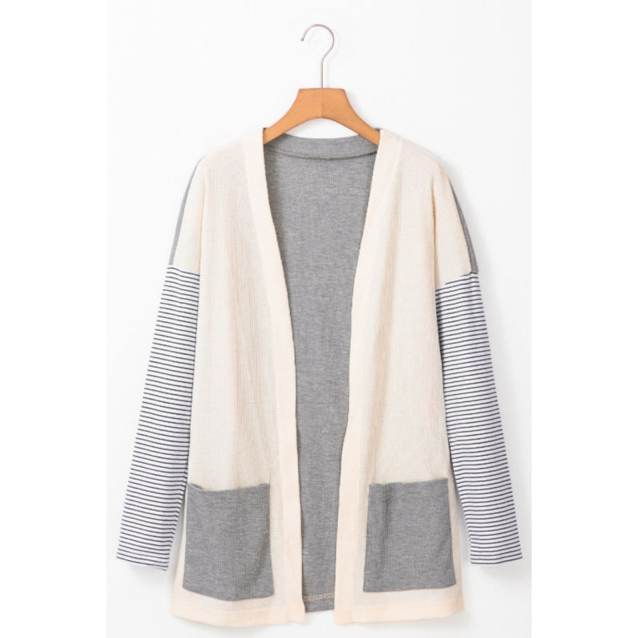 Open Front Long Sleeve Striped Cardigan with Pockets Apparel and Accessories