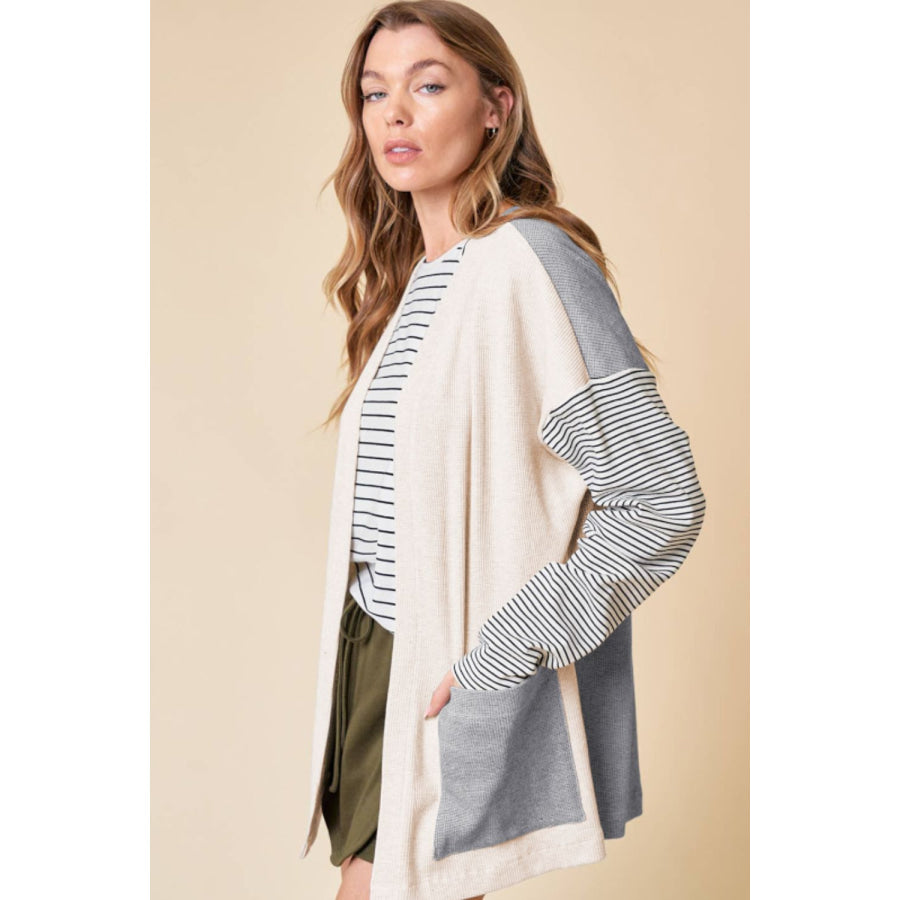 Open Front Long Sleeve Striped Cardigan with Pockets Apparel and Accessories