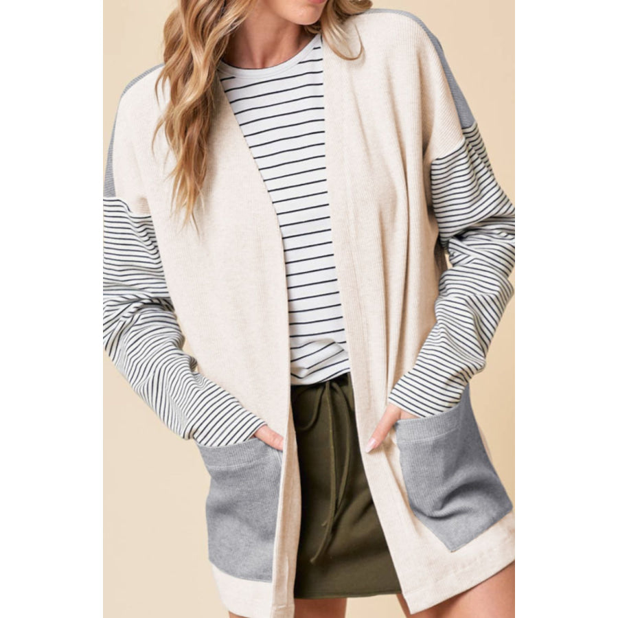 Open Front Long Sleeve Striped Cardigan with Pockets Light Gray / S Apparel and Accessories