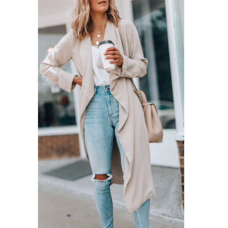 Open Front Long Sleeve Trench Coat Khaki / S Apparel and Accessories