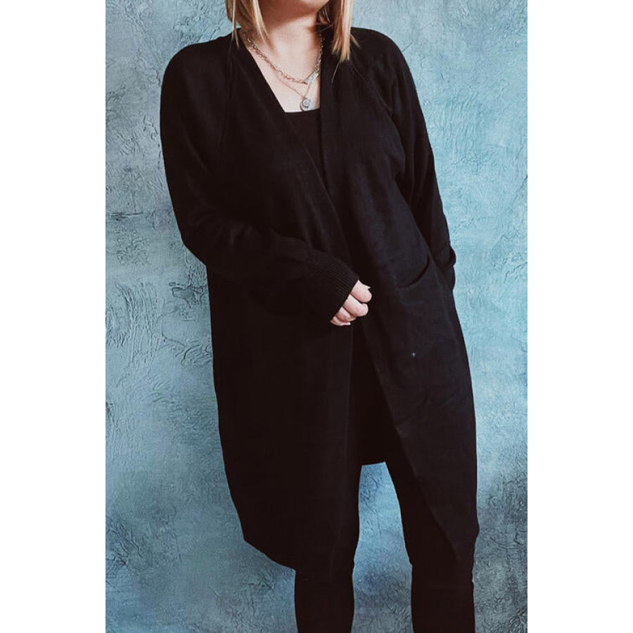 Open Front Longline Cardigan with Pockets Black / S